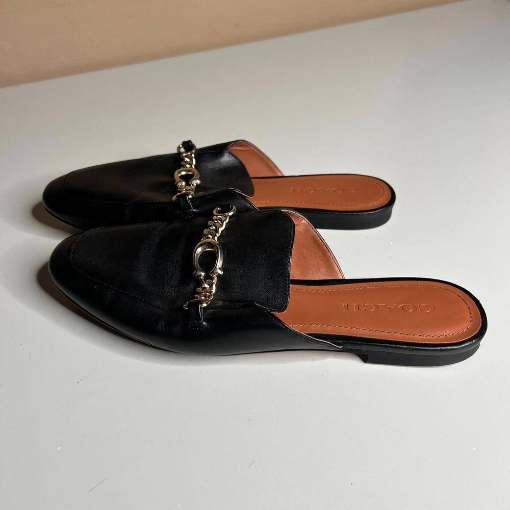 Vintage Coach Black Leather Mules Gold Chain Slip On Shoes Women’s 7B - Picture 4 of 8